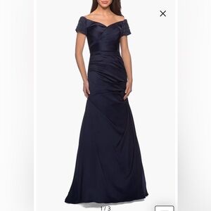 La Femme Off the Shoulder Beaded Satin Trumpet Gown